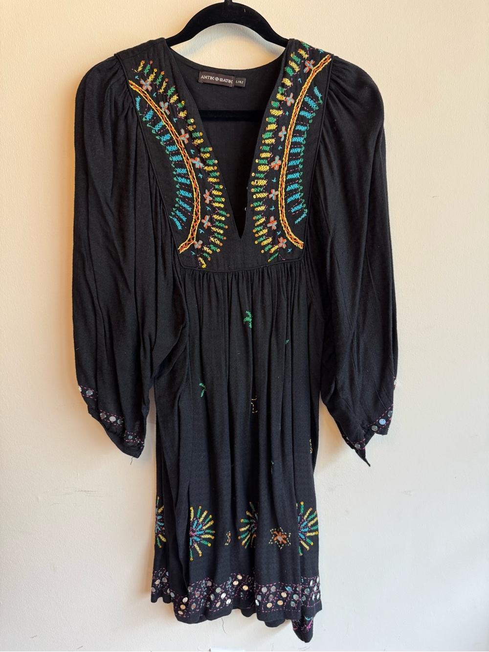 Antik Batik Black Long Sleeve Embroidered V-Neck Dress
